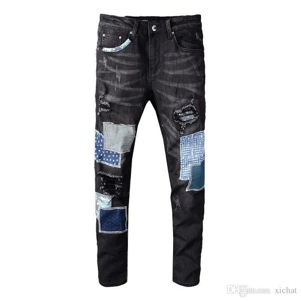 

2019 autumn mens ripped patches skinny blue jeans designer distressed badge slim fit motorcycle biker hole beggar hip hop denim pants 603