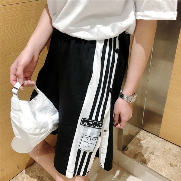 

designer women's shorts summer new pants european and american tide brand side button elastic waist tether loose ladies sports shorts-0, White;black