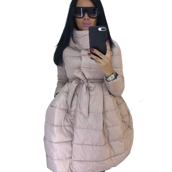

winter coat women skirt parka fashion bowknot waist medium long stand collar cotton padded warm jacket chaqueta mujer invierno, Black