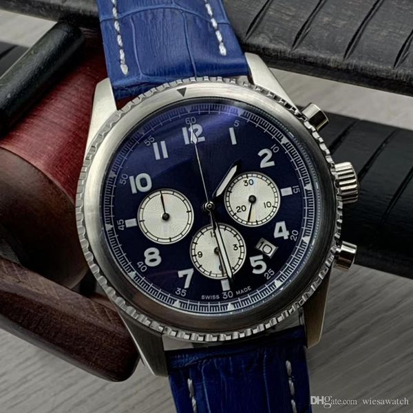 

limited alligator leather band aviator 8 b01 luminous contrasting blue dial mens watches second hands quartz watch chronograph wristwatches, Slivery;brown