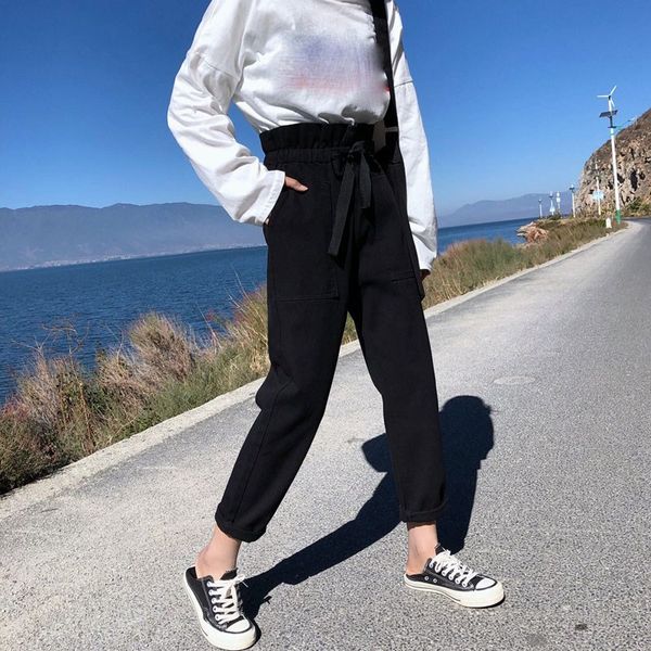 

fashion spring autumn women casual solid pockets straight pants korean lace up jeans ruffles elastic high waist denim pants, Blue