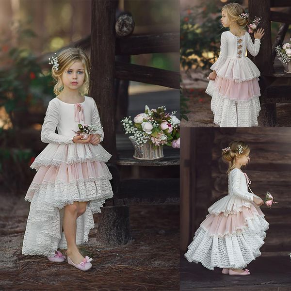 

2020 hi-lo flower girls dresses jewel long sleeve floor-length appliqued lace girls pageant dress ruffle tiered tulle girls kids formal wear, White;blue