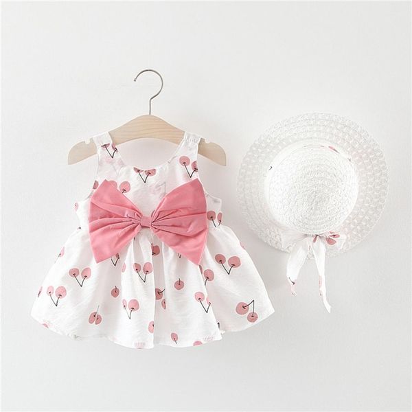 

2019 new arrival cute toddler baby kids girls sleeveless cherry princess dresses bow hat outfits, Red;yellow