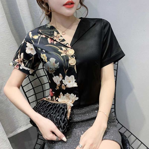 

summer print patchwork blouse korean clothes fashion women button chiffon shirt short sleeve ropa mujer 2020 t04010, White