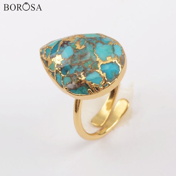 

borosa geniue 5/10pcs teardrop gold electroplated copper natural turquoises rings gems stones adjustable ring for women g1836, Golden;silver