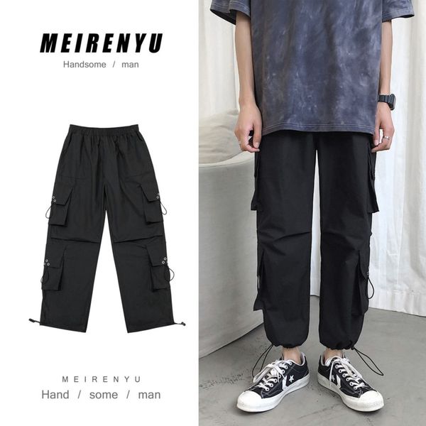 

casual pants men's fashion solid color multi-pocket overalls men streetwear wild hip-hop loose straight trousers mens m-2xl, Black