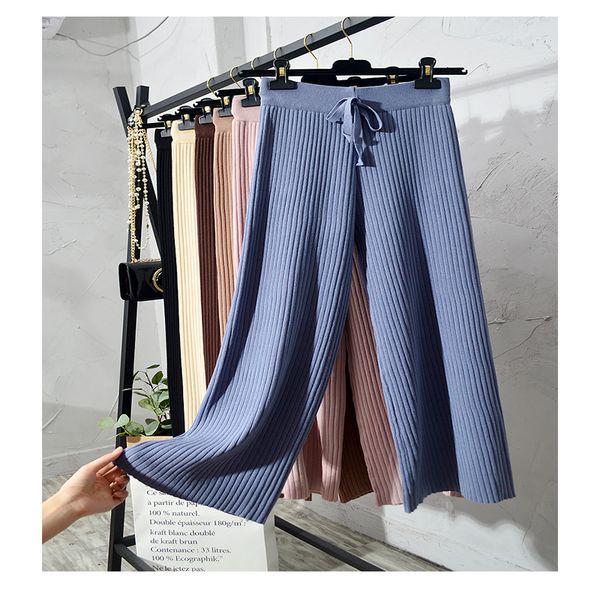 

new korean section fashion women trousers autumn winter knitted wide leg pants elastic high waist female casual loose pant d-024, Blue