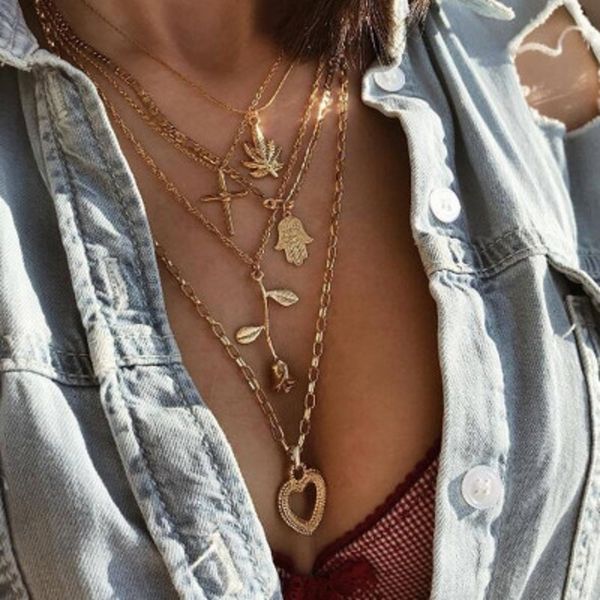 

женщины урожай многослойная подвеска ожерелье богемского крест сердце розы фатима рука листьев шарм бич себе ожерелье свадебные украшения, Silver