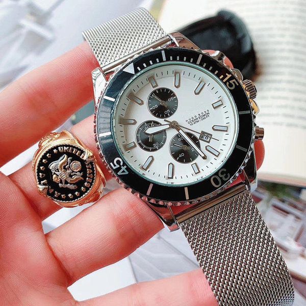 

luxury superocean quartz chronograph automatic movement fashion three-hand stainless steel mesh strap design men's sports watch, Slivery;brown