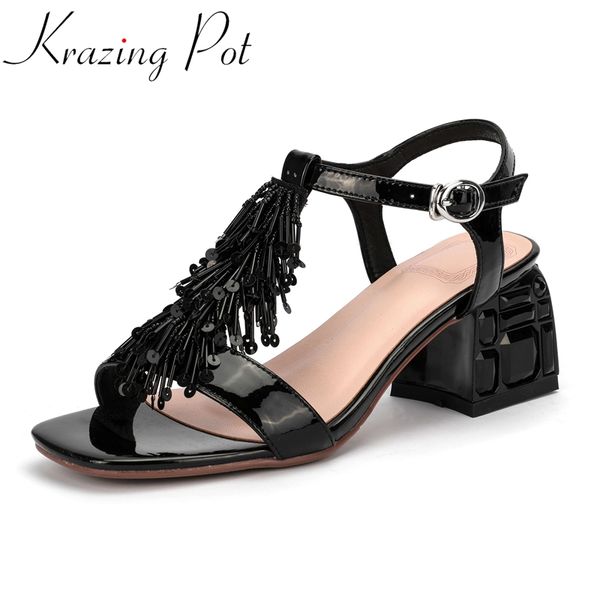 

krazing pot genuine leather peep toe rhinestone high heels women shoes tassel bead decorations buckle strap summer sandals l9f2, Black