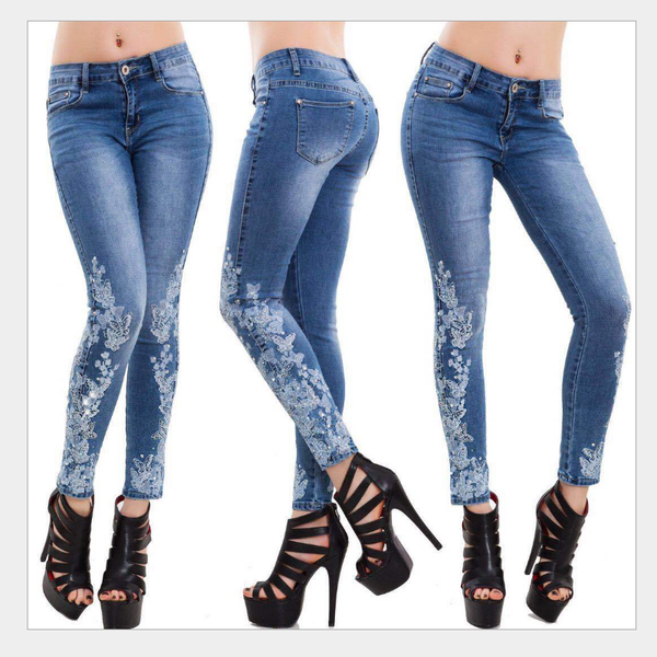 

fashion style jeans big size women's stretch trousers women's casual jeans pants female cotton personality pants, Blue