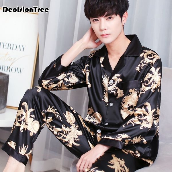 

2019 satin silk pajamas for men silk sleepwear male pajama set soft nightgown for men pyjamas soft cozy satin nightgown, Black;brown