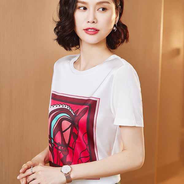 

женская футболка 2020 лето новая шелковая футболка с коротким рукавом свободная рубашка половина рукава футболка, White