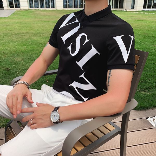

summer british style short sleeve slim fit turn down collar shirt men letter print homme casual basic men shirt, White;black