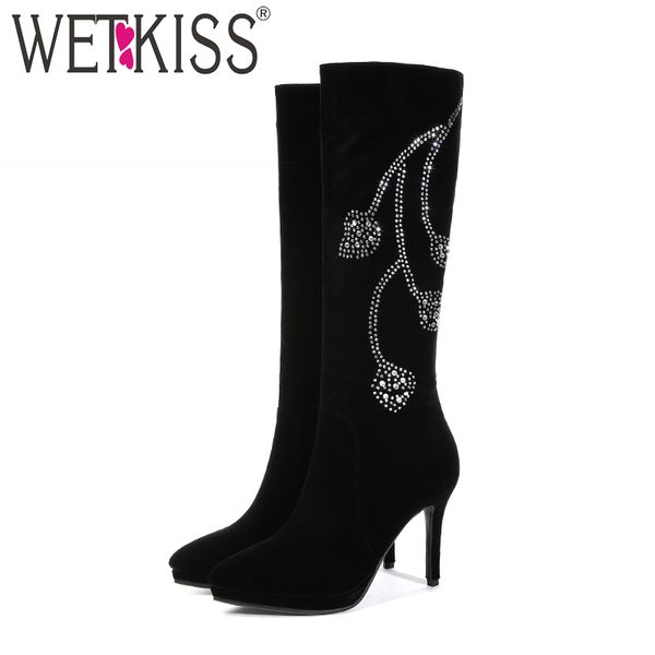 

wetkiss autumn shoes women 2018 new thin high heels women boots pointed toe crystal footwear zip knee high platform female boot, Black