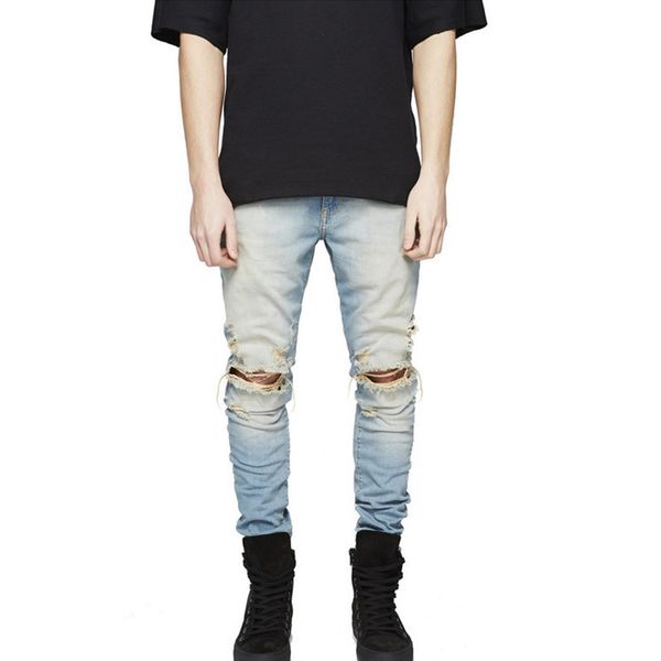 

cotton jean men's pants vintage hole cool trousers for guys 2019 summer europe america style ripped elastic force jeans male, Blue