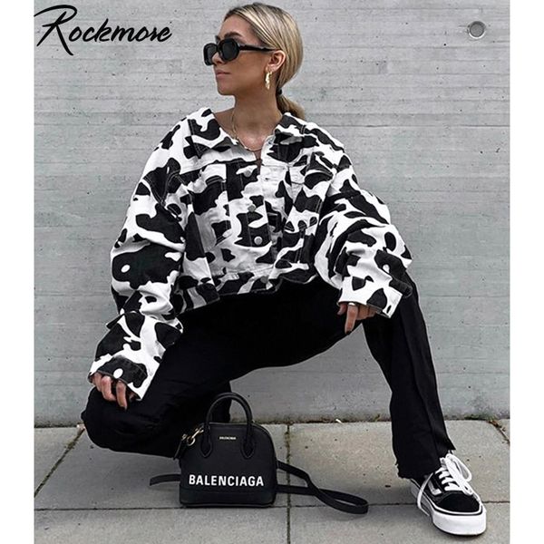 

rockmore cow like striped print women outwear coats button autumn plus size long sleeve turn-down collar cropped femme jackets, Black;brown
