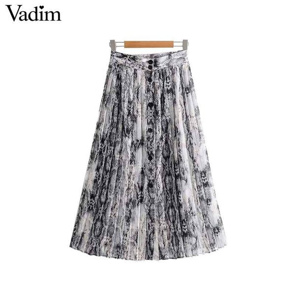 

vadim women chic snake print pleated skirt animal pattern buttons decorate faldas mujer vintage casual mid calf skirts ba214, Black