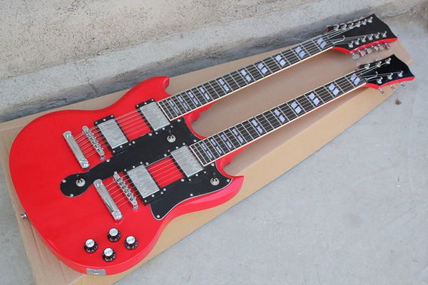 

factory custom double neck red electric guitar with 6+12 strings,chrome hardware,black pickguard,offer customized