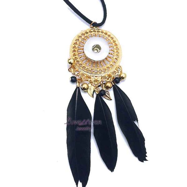 

070 trendy feather angel wing tassel dreamcatcher dangle 18mm snap button necklace for women gift fashion charm jewelry, Silver