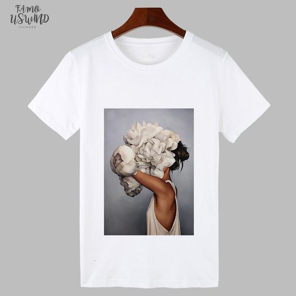 

2020 flowers feather print harajuku t shirt women fashion tshirt o neck short sleeve t shirt white letter female clothing