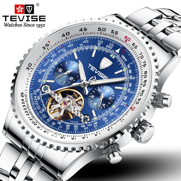 

tevise men mechanical watch stainless steel tourbillon automatic watch fashion men business wristwatch relogio masculino, Slivery;brown