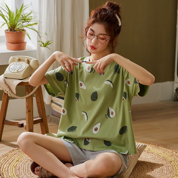 

green sleepwear sets for women lovely avocado pattern pajamas 100% cotton short home wear femme underwear pijamas, Black;red