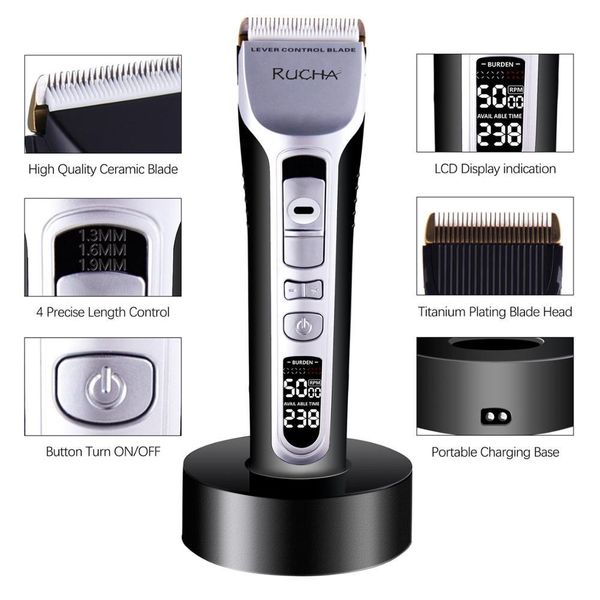 Rucha Barber Electric Hair Clipper Rechargeable Hair Trimmer Titanium Ceramic Blade Lcd Display Salon Men Hair Cutting Machine Professional Hair