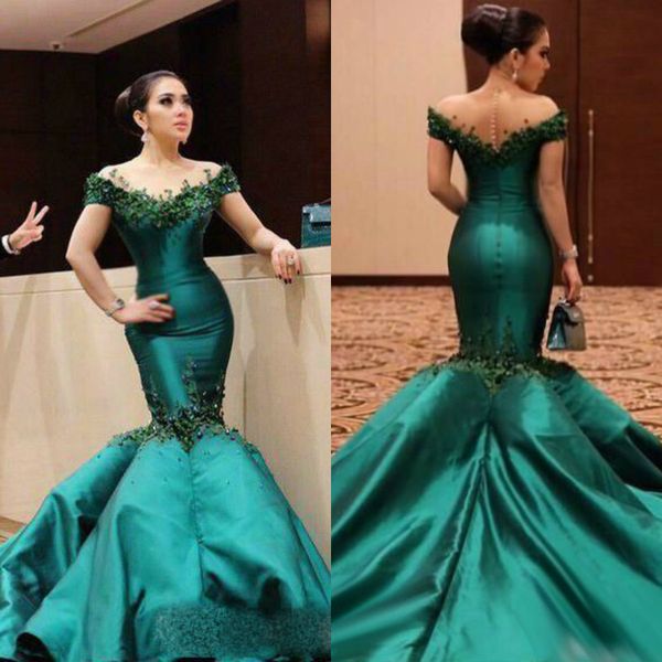 

hunter green mermaid prom dresses 2019 custom made off shoulder applique beaded evening gowns sweep train formal party dresses, Black