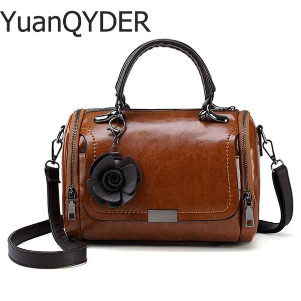 

vintage oil leather women's bag handbag women shoulder bags female fllower tassel crossbody messenger bag sac