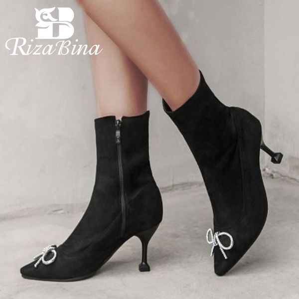 

rizabina plus size 32-48 over the knee boots women pointed toe bowknot crystal thin high heels shoes women long boots, Black