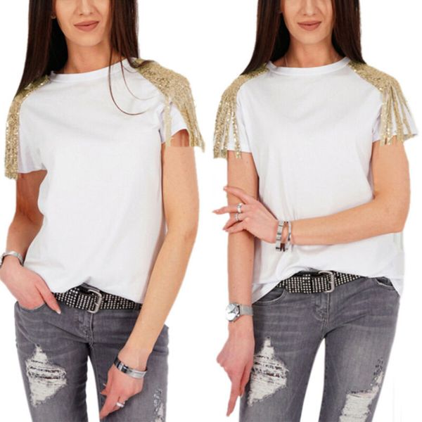 

women tassels short sleeve t-shirt ladies casual crew neck summer blouse tee top, White