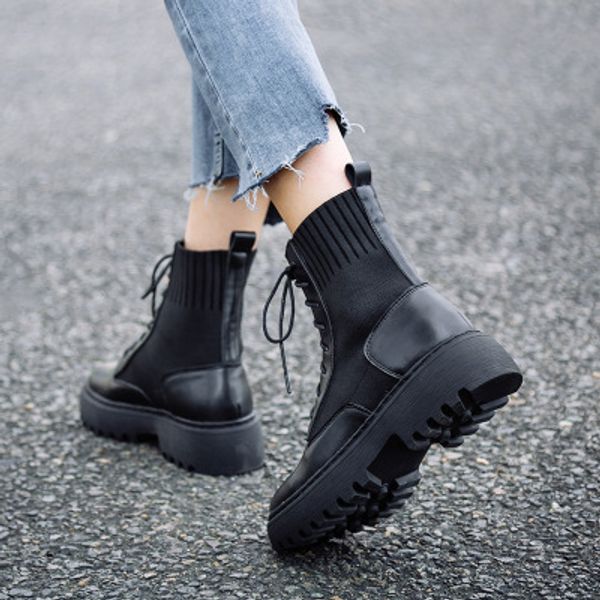 

womens designer boots socksboots autumn and winter martin boots womens boots british wind thinboots thick-soledboots college style 2019, Black