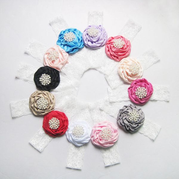 

baby girl flowers satin rose headbands children hair accessories rhinestone pearl hairbands princess headdress elastic headwear, Slivery;white