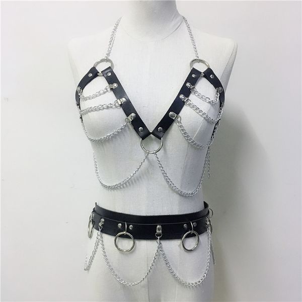 

goth faux leather garter belts two piece set women link chain chest bondage bra garter punk metal o rings waist belt outfits, Black;white