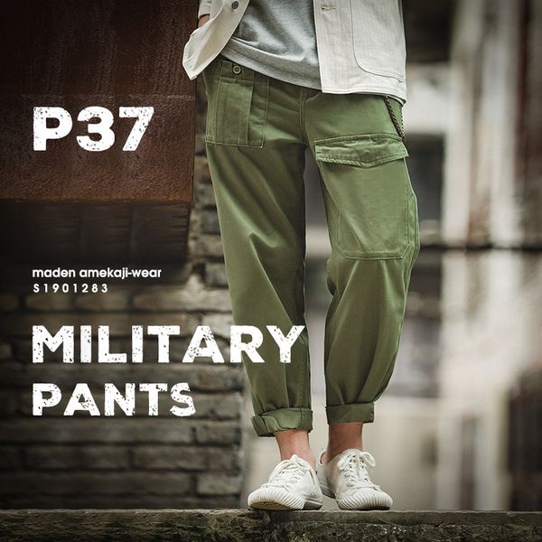

2020 new retro military style loose p37 military pants classic straight big pocket casual pants male, Black