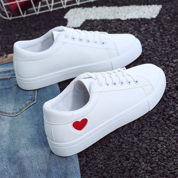 

2020 autumn woman shoes fashion new woman pu leather shoes ladies breathable cute heart flats casual shoes white sneakers, Black