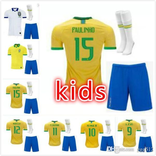 

дети kit 2019 2020 бразилия домой футбол джерси 19 20 brasil coutinho g.jesus ​​marcelo детей трикотажные изделия футбола рубашка camisetas, Black;yellow