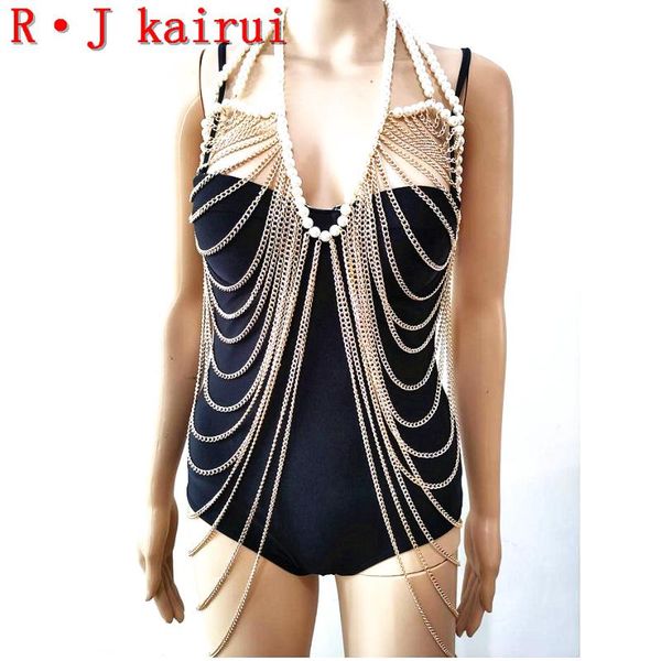 

new style rjpe06 fashion women gold color chains layers imitation pearls bra chains body costume jewelry 2 colors, Silver