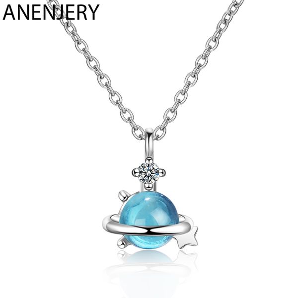 

anenjery dream blue crystal universe planet pendant necklace 925 sterling silver zircon clavicle chain jewelry for women s-n472