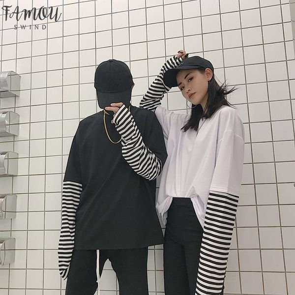 

polera mujer 2020 woman fashion tee shirt korean ulzzang harajuku false two piece striped t shirt women long sleeve top, White