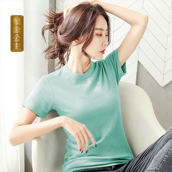 

youyiku designer style cotton women's round collar half solid color short sleeve sleeve t-shirt (live special, White