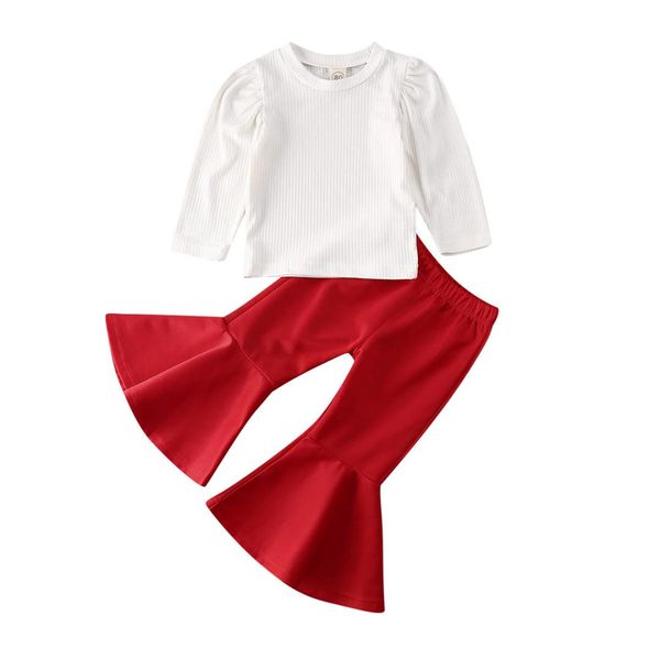 

spring toddler kids baby girl clothes solid color long sleeve knitted cotton bell-bottoms long pants 2pcs outfits clothes, White