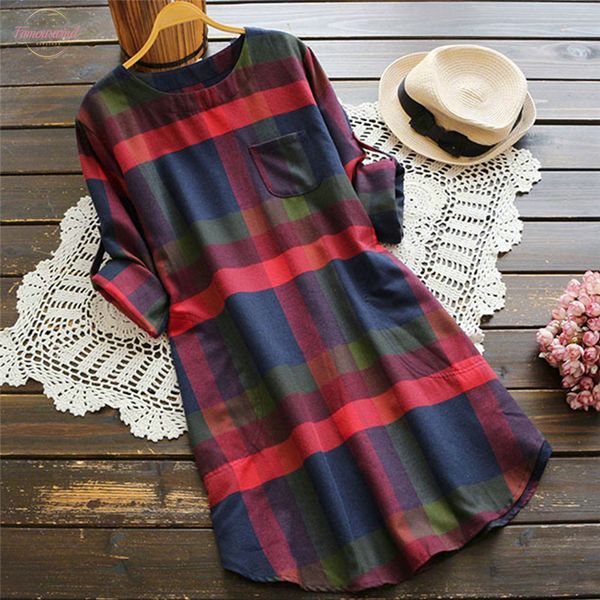 

summer dress plaid long sleeve loose pocket swing vintage dress women ladies vestidos 2020 new  9, Black;gray