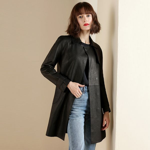 

100% real sheepskin coat women classic fashion spring long jacket 2019 new invisible suction buckle genuine leather jacket, Black