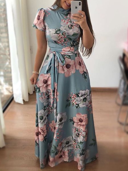 

2019 selling women's printed bandage summer long maxi dress women short sleeve robe femme vestidos de verano, Black;gray