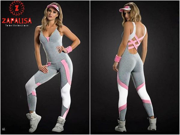 

zapalisa fashion contrast-color jogger skinny fitness sport wear sleeveless hollow-out open-back women jumpsuit, Black;white