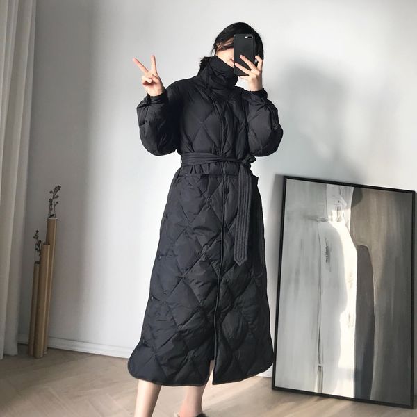 

plus size single breasted parka 2019 trend cotton long coat belt korean warm slim basic jacket women winter overcoat l728, Black