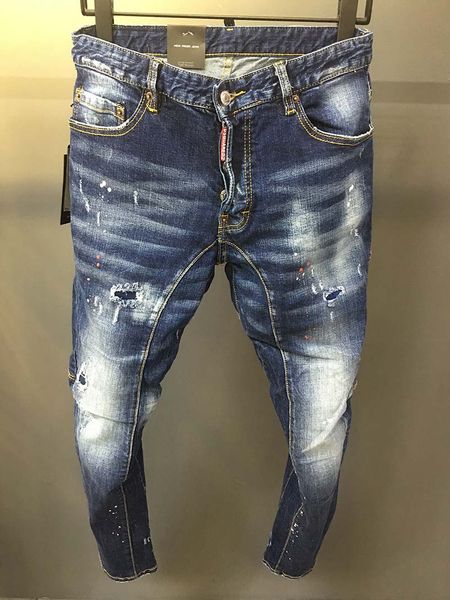 

pink splashed ink washed hole jeans men retro distressed slim straight pants tide brand autumn and winter models d2 european and american st, Blue