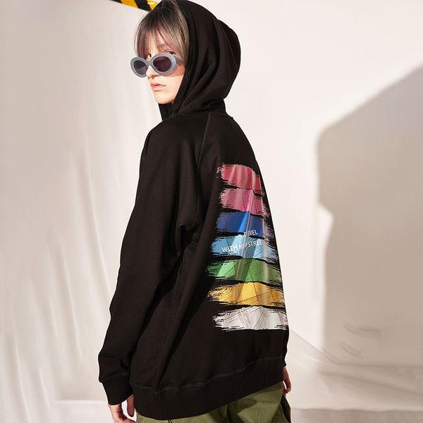 

autumn and winter trend hoodie men and women pure cotton loose-fit oversize rainbow printed european american streets couple, Black